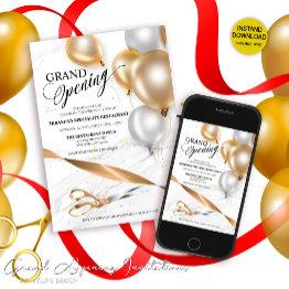 Small Gold Silver Balloons Grand Opening Ribbon Cutting Invitation Front View