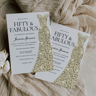 gold sparkle dress 50 & fabulous 50th birthday invitation