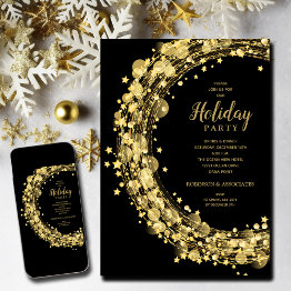Small Gold Stars On Black Christmas Holiday Invitation Front View