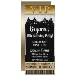 Small Gold Stars White Curtains Elegant Party Vip Ticket Invitation Front View