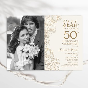 gold surprise 50th anniversary photo invitation
