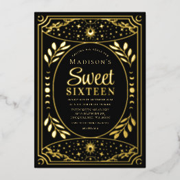 Small Gold Tarot Witchy Sweet 16 Birthday Party Foil Invitation Front View