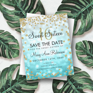 gold teal ombre sweet 16 save the date glitter invitation