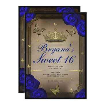 gold tiara butterflies blue roses sweet 16 invitation