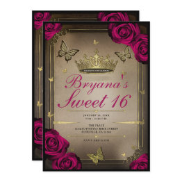 Small Gold Tiara Butterflies Magenta Roses Sweet 16 Invitation Front View