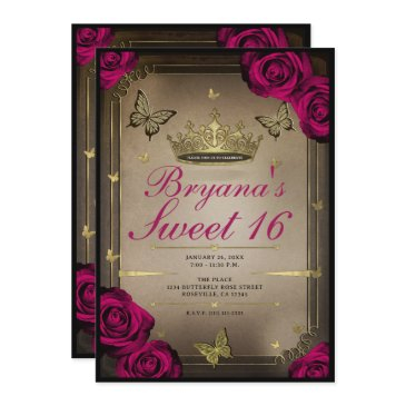 gold tiara butterflies magenta roses sweet 16 invitation