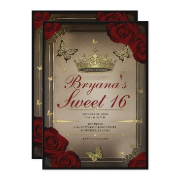 gold tiara butterflies maroon roses sweet 16 photo invitation