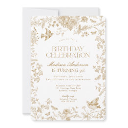 Small Gold Toile De Jouy French Floral Birthday Party Invitation Front View