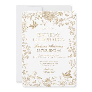 gold toile de jouy french floral birthday party invitation