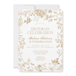 Small Gold Toile De Jouy French Floral Birthday Party Invitation Front View