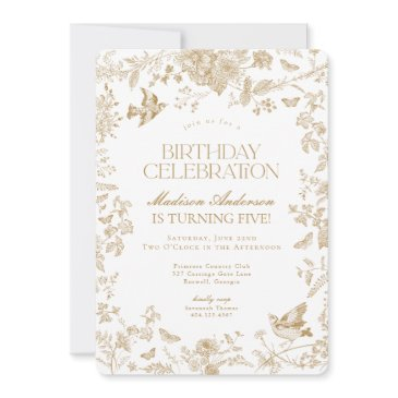 gold toile de jouy french floral birthday party invitation