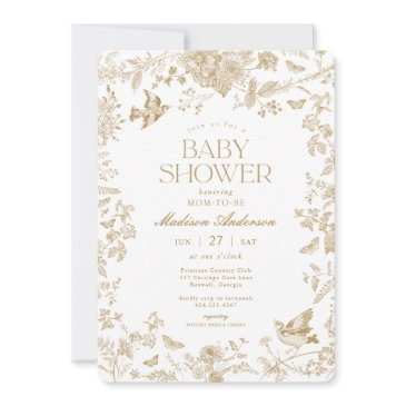 gold toile de jouy vintage floral baby shower invitation