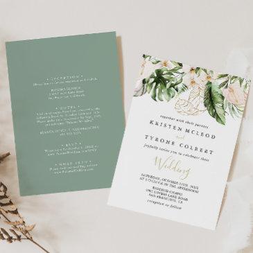 gold tropical foliage floral front & back wedding invitation