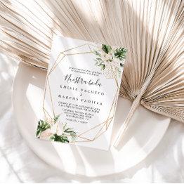Small Gold Tropical Foliage Floral Nuestra Boda Wedding Invitation Front View