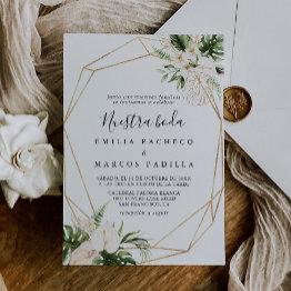 Small Gold Tropical Foliage Floral Nuestra Boda Wedding Invitation Front View