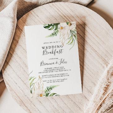 gold tropical foliage floral wedding breakfast invitation