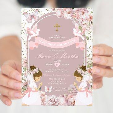 gold twin girl praying first holy communion floral invitation