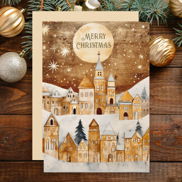 gold vintage snow covered village merry christmas holiday invitations