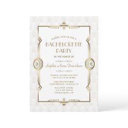 Small Gold White Art Deco 1920s Bachelorette Party Invitation Front View