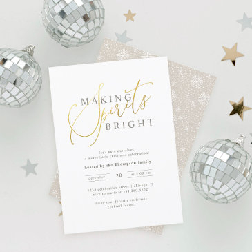 gold & white making spirits bright christmas party invitation