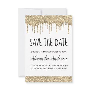gold white sparkle glitter sweet 16 save the date invitation