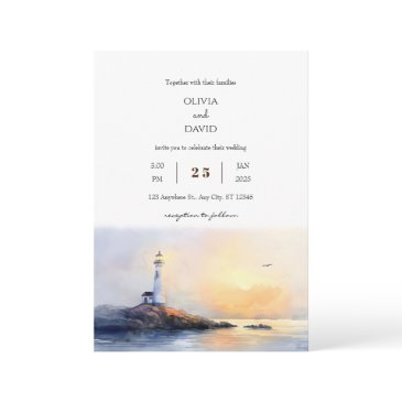golden dawn lighthouse watercolor beach wedding invitation