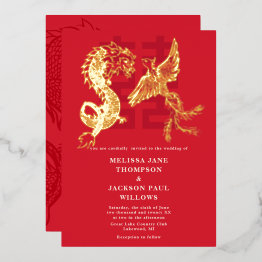 Small Golden Dragon And Phoenix Chinese Wedding Foil Invitation Front View