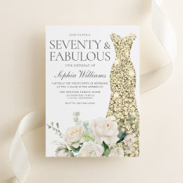 Small Golden Dress White Roses 70th Birthday Party Invitation Front View