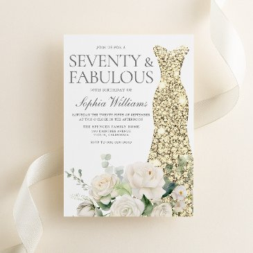 golden dress white roses 70th birthday party invitation