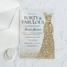 Small Golden Dress Womans 40th Birthday Party Acrylic Invitations Front View