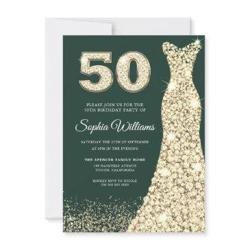 golden dress womans 50th birthday party green invitation