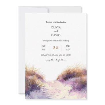 golden purple sunset sandy dunes beach wedding invitation