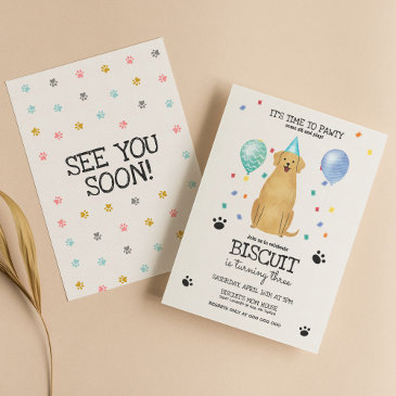golden retriever dog pawty puppy birthday blue invitation