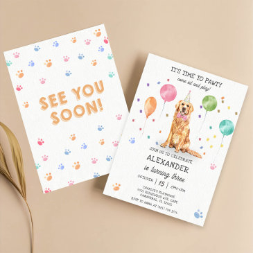 golden retriever pawty dog puppy birthday blue invitation
