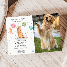 Small Golden Retriever Pawty Dog Puppy Birthday Blue Invitation Front View