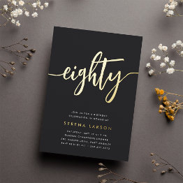 Small Golden Script 80th Birthday Party Foil Invitation Front View