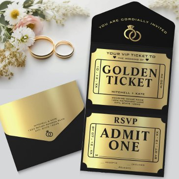 golden ticket black & gold wedding all in one invitation