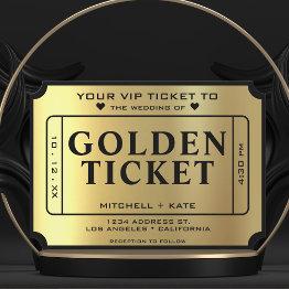 Small Golden Ticket Black & Gold Wedding Invitation Front View