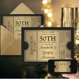 Small Golden Ticket Style 50th Wedding Anniversary Party Invitation Front View