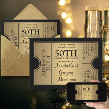 golden ticket style 50th wedding anniversary party invitation