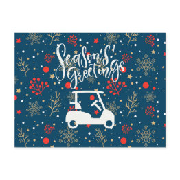 Small Golf Cart With Season's Greeting Snow On Blue  Holiday Postinvitations Front View