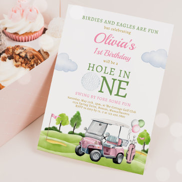 golf hole in one girl first birthday par-tee invitation