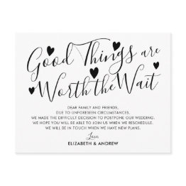 Small Good Things Worth The Wait Wedding Postponement Announcement Front View