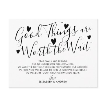 good things worth the wait wedding postponement announcement