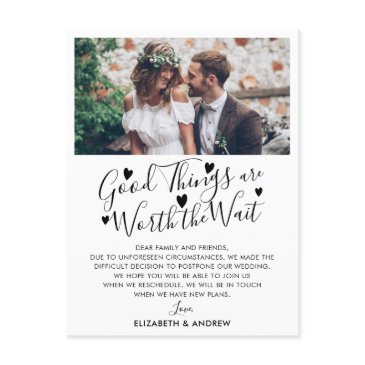good things worth wait wedding postponement photo announcement postinvitations