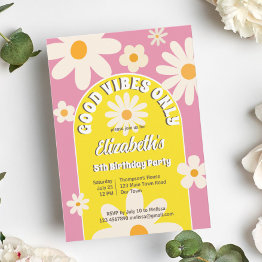 Small Good Vibes Only Groovy Retro Daisy Birthday Invite Front View