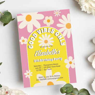 good vibes only groovy retro daisy birthday invite