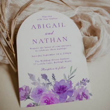 gorgeous purple lavender floral boho arch wedding invitation