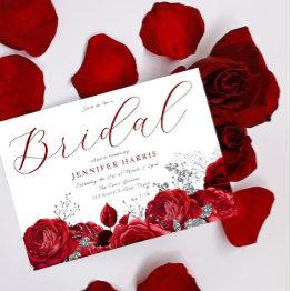 Small Gorgeous Red Roses & Silver Bridal Shower Invitation Front View