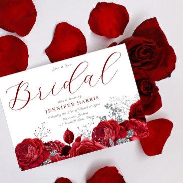 gorgeous red roses & silver bridal shower invitation
